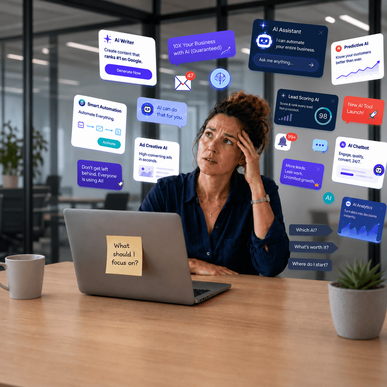 Business owner overwhelmed by office admin work