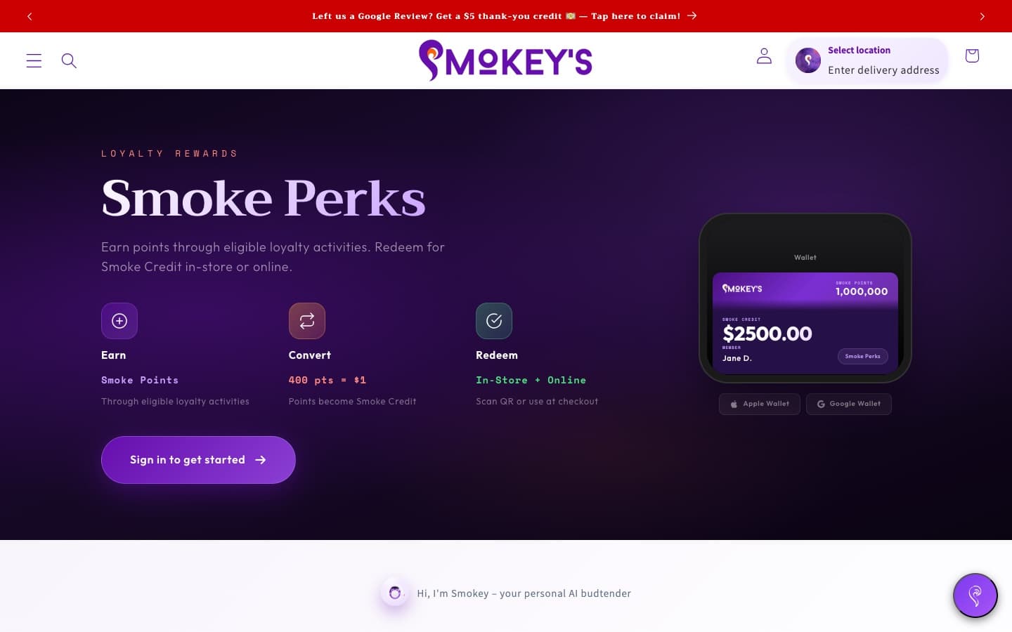Desktop view of the Smokey’s ecommerce website whose inventory platform was connected to Smokey’s inventory system